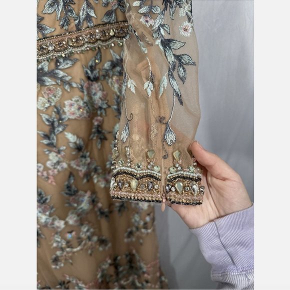 NWT $798 Mac Duggal [ 14 ] Floral Embroidered Long Sleeve Trumpet Gown Nude Q624 - Picture 10 of 16
